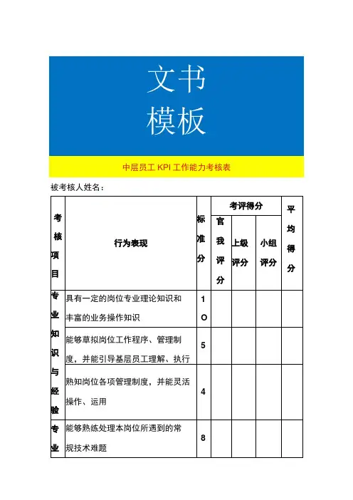 车间领班、组长KPI工作能力考核表