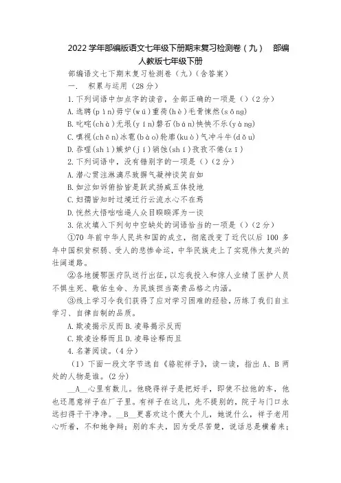 2022学年部编版语文七年级下册期末复习检测卷(九)  部编人教版七年级下册