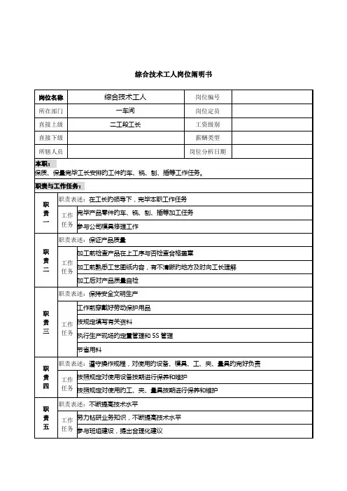 综合重点技术工人岗位专项说明书