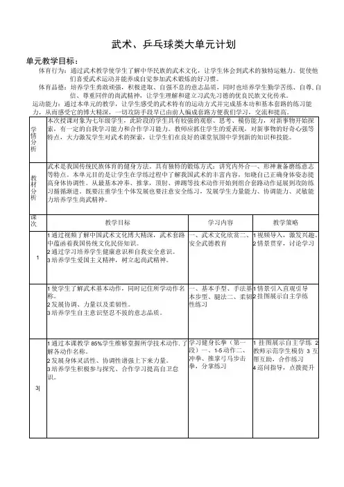 水平四(七年级)体育《武术、乒乓球类》大单元教学计划