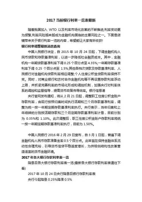 2017当前银行利率一览表最新