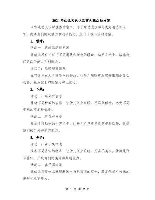 2024年幼儿园认识五官大班活动方案