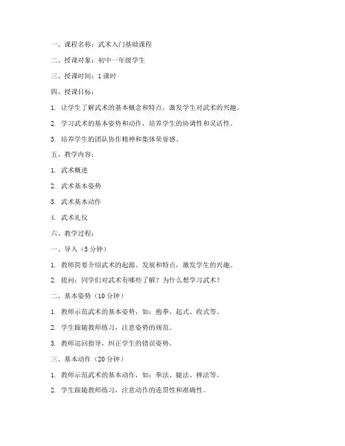 武术教案第一节课模板范文