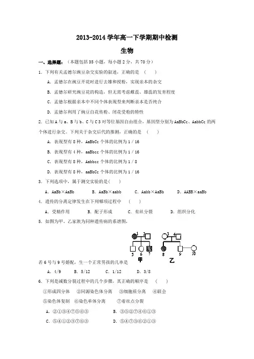 2013-2014学年高一下学期期中检测生物(含答案)