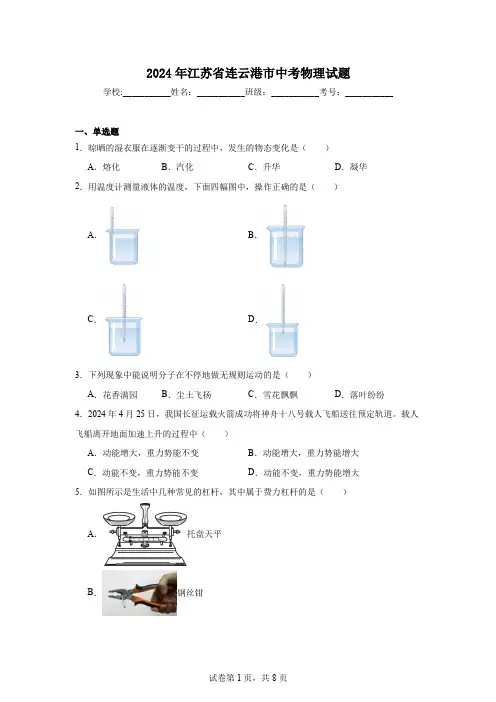 【中考真题】2024年江苏省连云港市中考物理试卷(附答案)