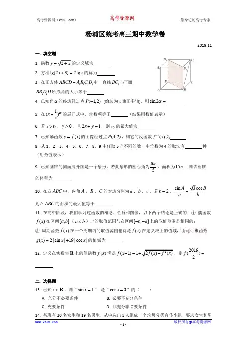上海市杨浦区高三上学期期中考试数学试题含答案