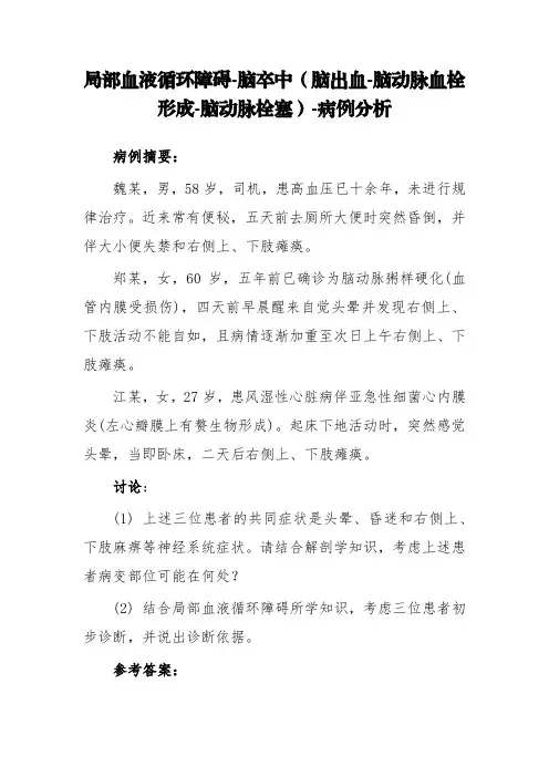 局部血液循环障碍-脑卒中(脑出血-脑动脉血栓形成-脑动脉栓塞)-病例分析