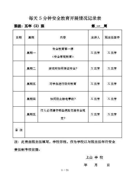 每天5分钟安全教育开展情况记录表
