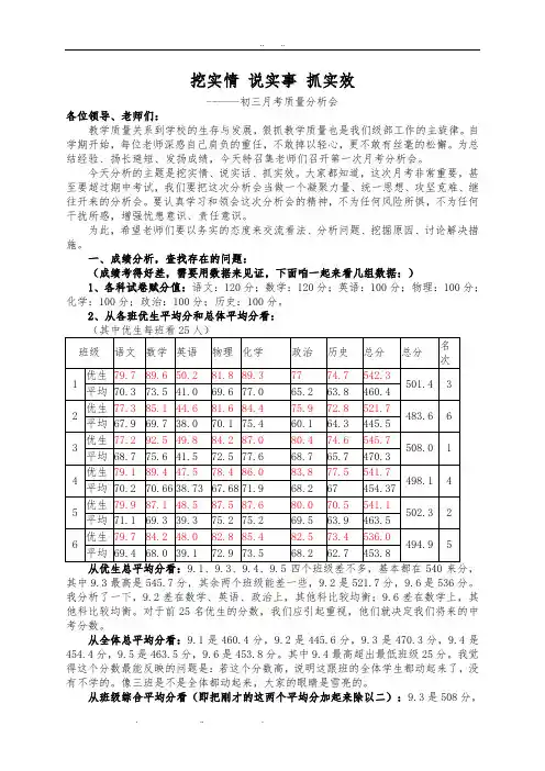 初三第一次月考质量分析会发言稿(2013.10)