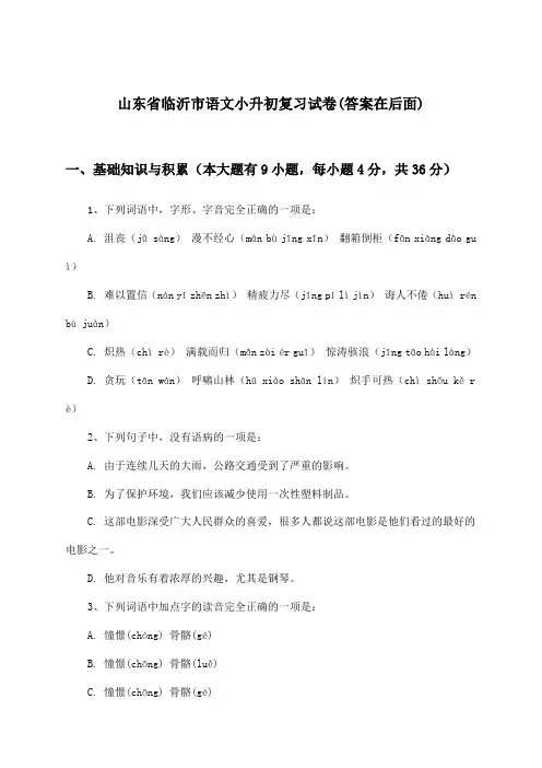 山东省临沂市小升初语文试卷及解答参考
