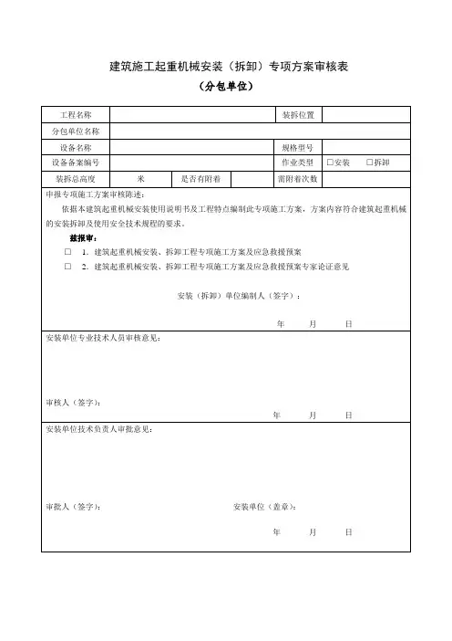 建筑施工起重机械安装(拆卸)专项方案审核表