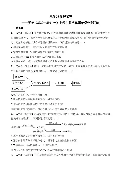 考点25发酵工程(含解析)——五年(2020—2024年)高考生物学真题专项分类汇编1