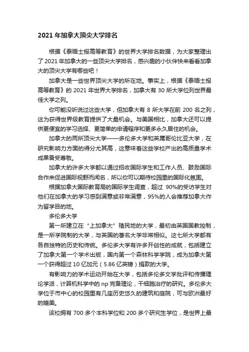 2021年加拿大顶尖大学排名