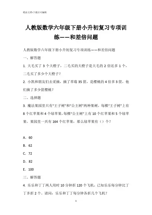 人教版数学六年级下册小升初复习专项训练——和差倍问题