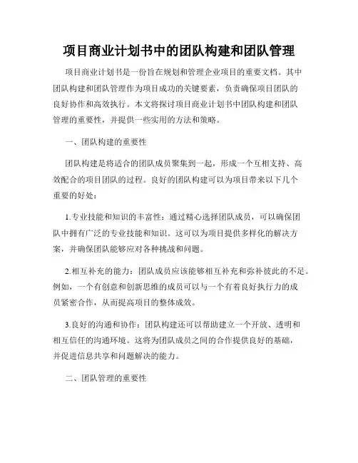 项目商业计划书中的团队构建和团队管理