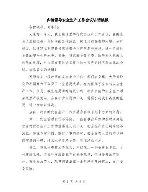 乡镇领导安全生产工作会议讲话模板