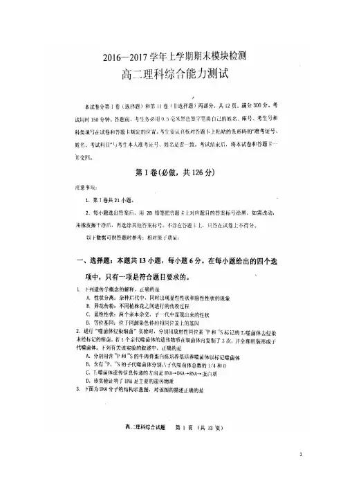 山东省潍坊市高二理综上学期期末考试试题(扫描版)