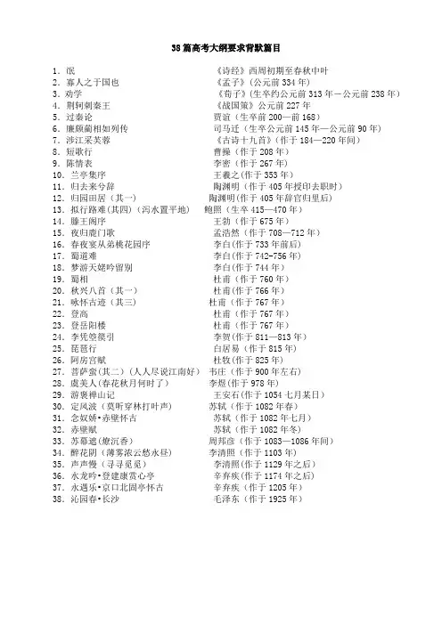 38篇高考大纲要求背默篇目