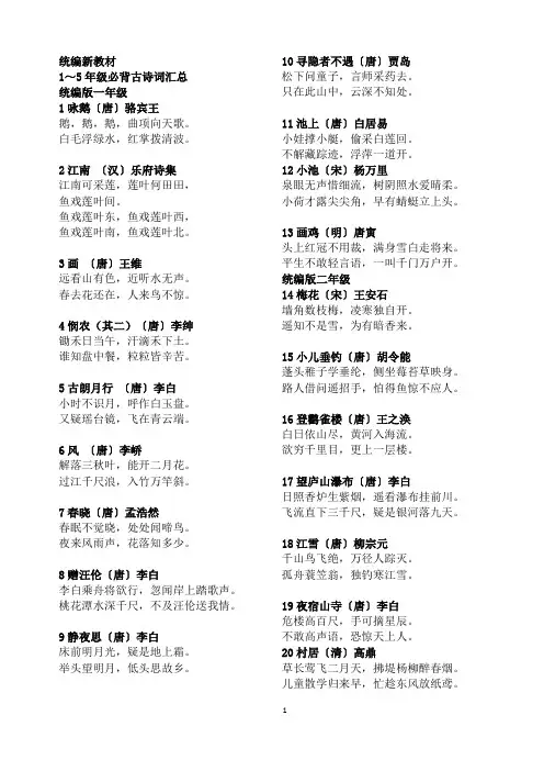 【小学生语文】1～5年级必背古诗词