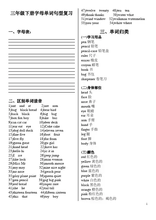 PEP小学三年级英语上下册字母单词句型归纳复习
