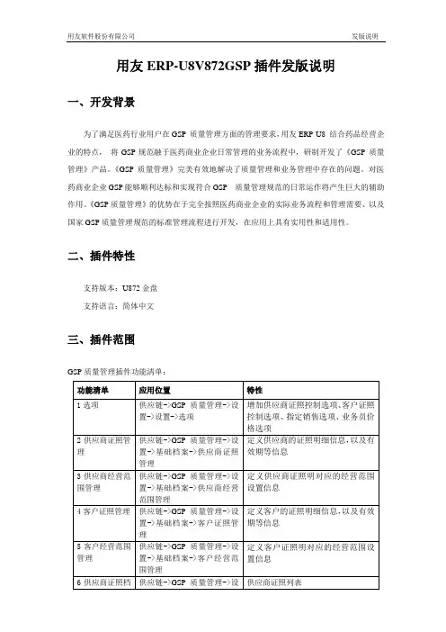 用友ERP-U8V872GSP插件发版说明