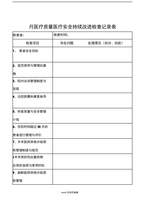 月医疗质量医疗安全持续改进检查记录表.doc