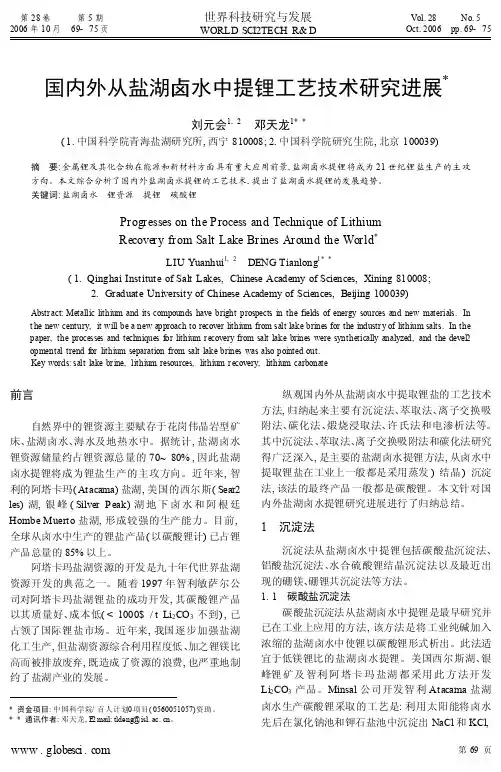 国内外从盐湖卤水中提锂工艺技术研究进展