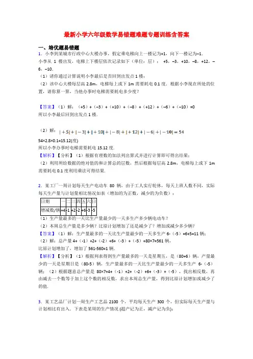 最新小学六年级数学易错题难题专题训练含答案