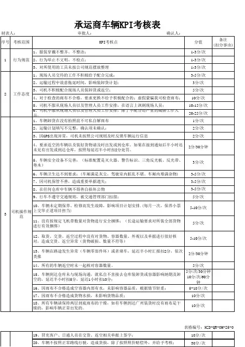 承运商车辆kpi考核表