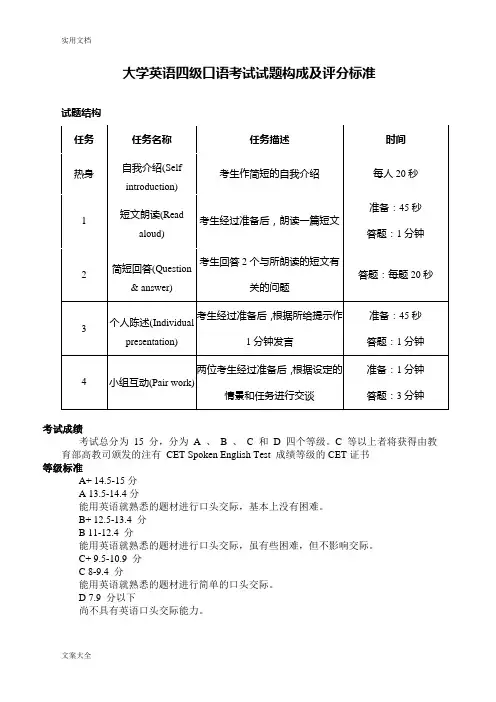大学英语四级口语考试精彩试题构成及评分实用标准