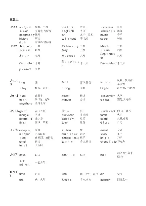 剑桥少儿英语三级 词汇表