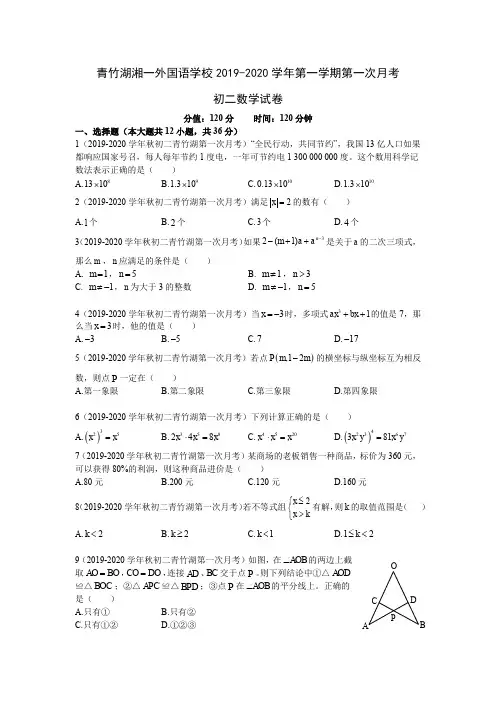 2019-2020青竹湖中学八上第一次月考-数学试卷