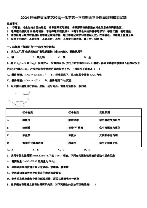 2024届福建省示范名校高一化学第一学期期末学业质量监测模拟试题含解析