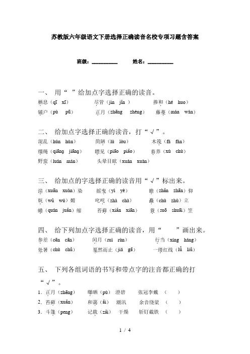 苏教版六年级语文下册选择正确读音名校专项习题含答案