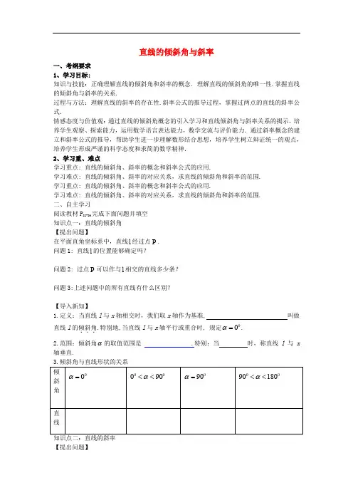 高中数学 第三章 直线与方程 3.1 直线的倾斜角与斜率