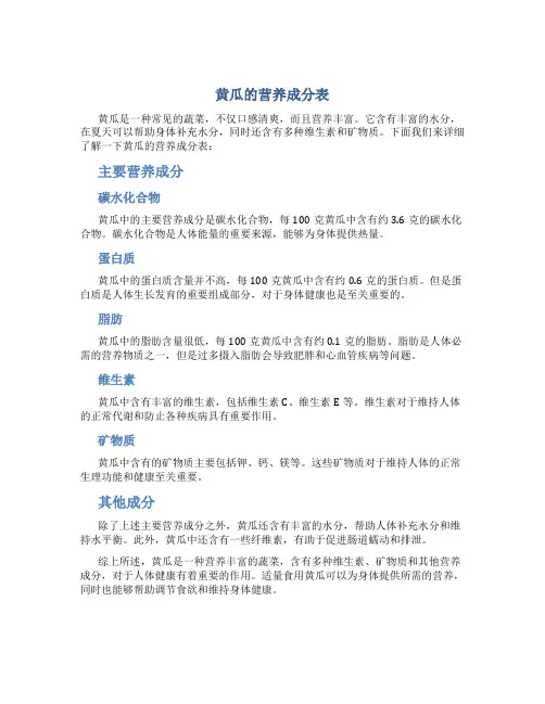 黄瓜的营养成分表