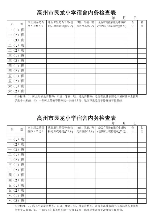 小学宿舍内务检查表