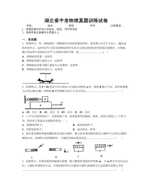 最新湖北省中考物理真题训练试卷附解析