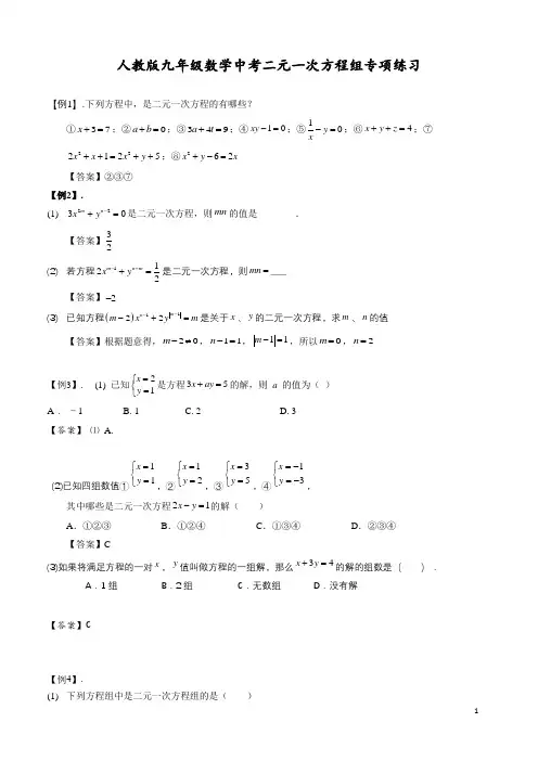 人教版九年级数学中考二元一次方程组专项练习及参考答案