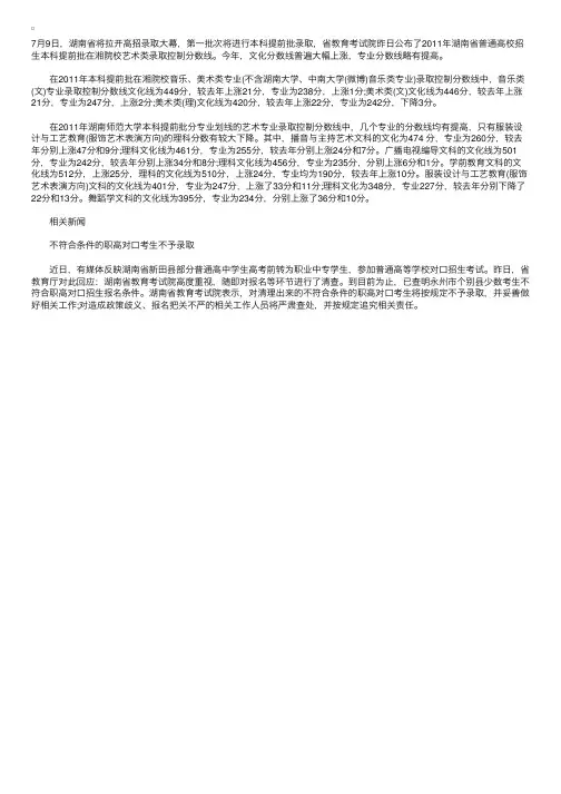 2011湖南高考录取分数线公布（艺术类）