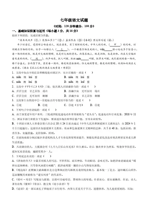 山东省淄博市沂源县2023-2024学年七年级上学期期中语文试题(含答案)