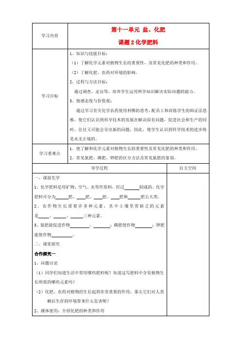 九年级化学下册 第十一单元 课题2《化学肥料》学案(无答案) 新人教版