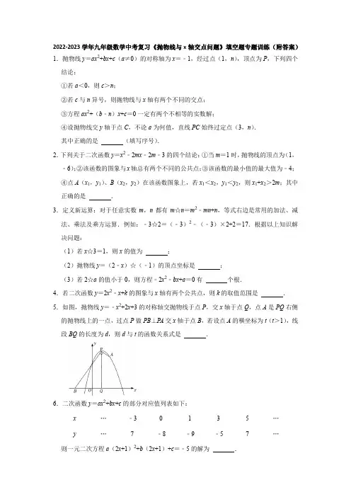 2022-2023学年九年级数学中考复习《抛物线与x轴交点问题》填空题专题训练(附答案)