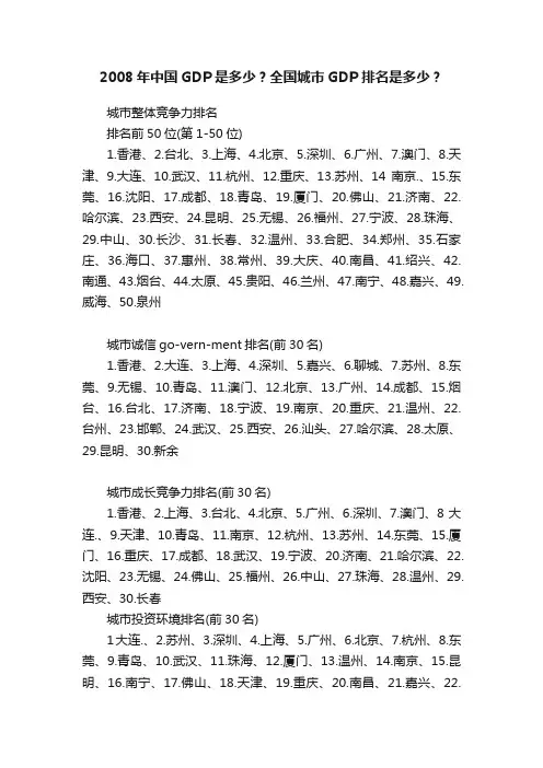 2008年中国GDP是多少？全国城市GDP排名是多少？