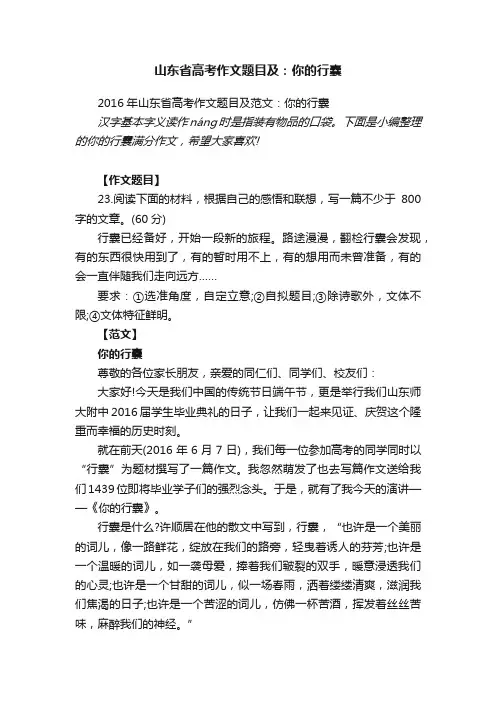 2016年山东省高考作文题目及范文：你的行囊