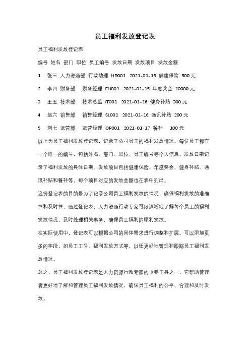 员工福利发放登记表