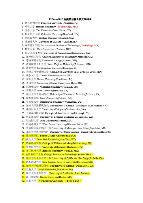 USNews2015全美最佳综合类大学排名