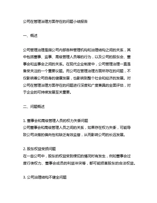 公司在管理治理方面存在的问题小结报告