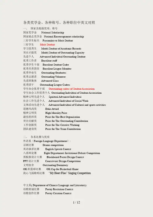 各种奖励英文翻译