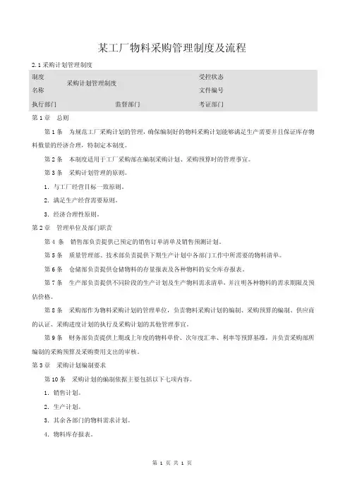 某工厂物料采购管理制度及流程